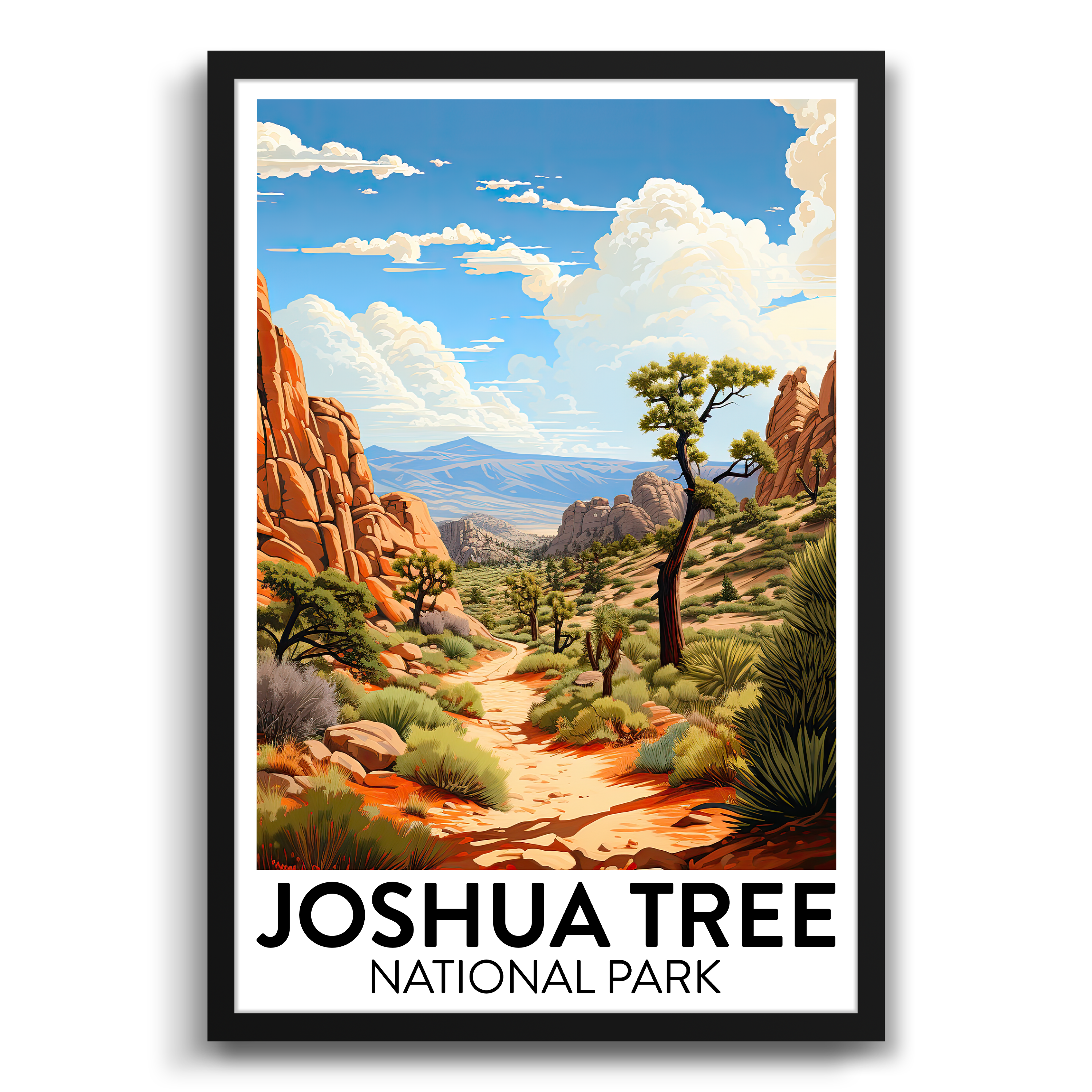 a poster of joshua tree showcasing a trail in the national park