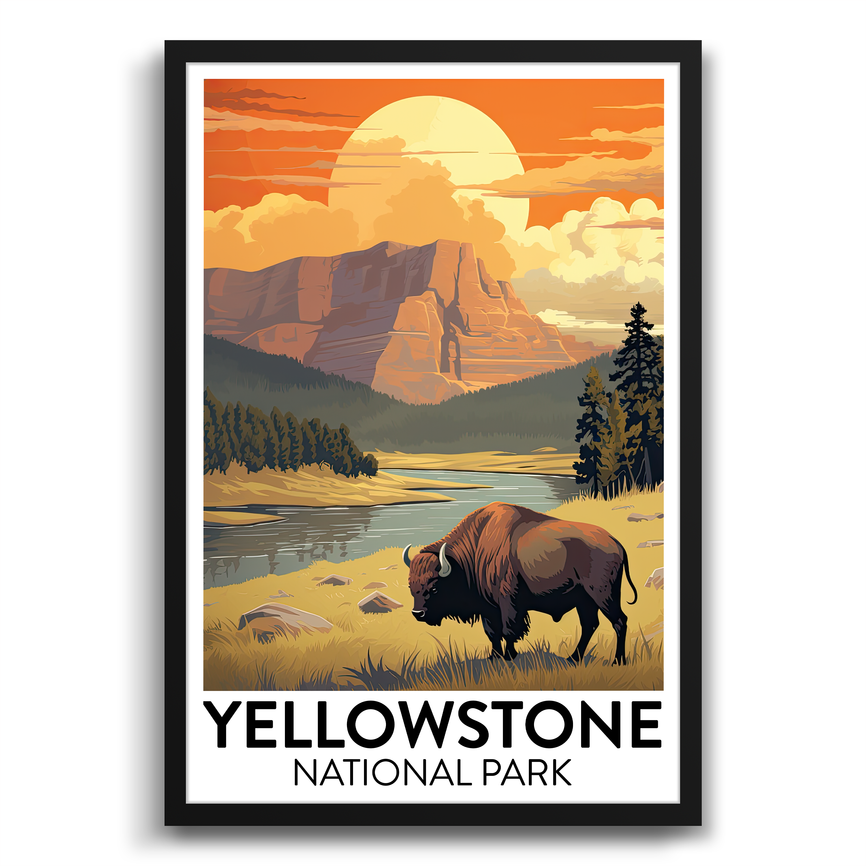 Large sun setting at yellowstone national park poster