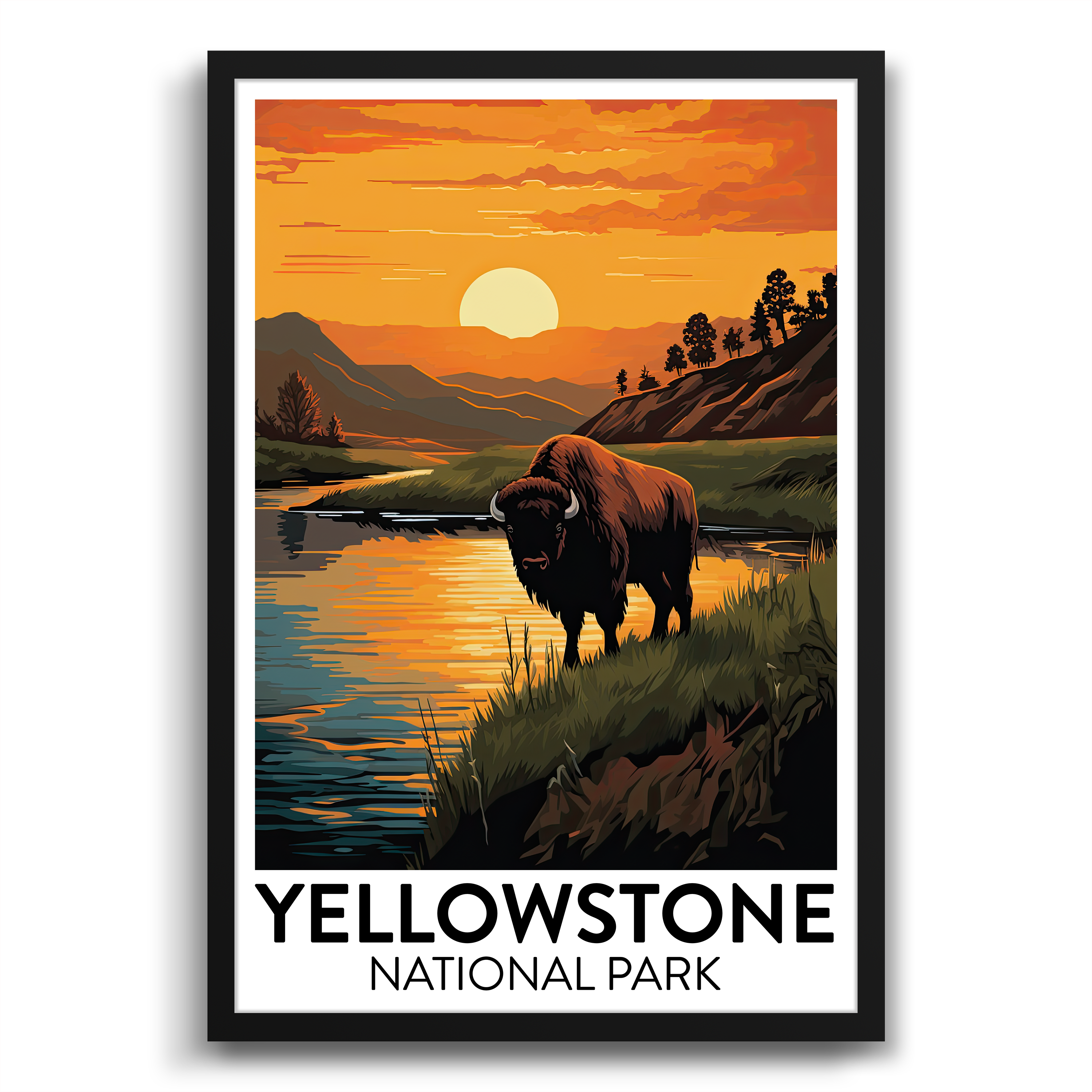 Bison at sunset poster in yellowstone national park